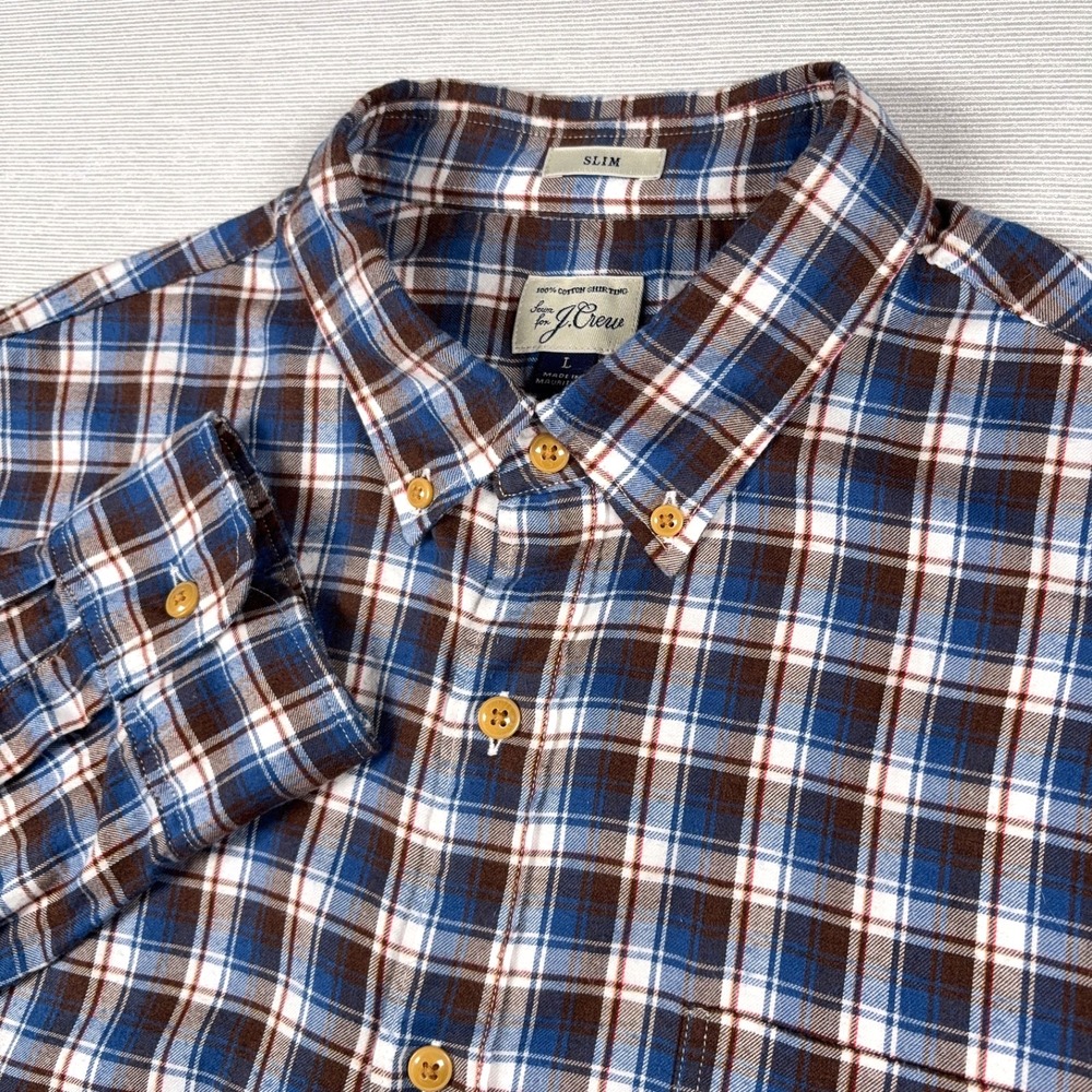 J Crew Slim Fit Shirt Mens Size L Blue Brown Cotton Long Sleeve Button Down
